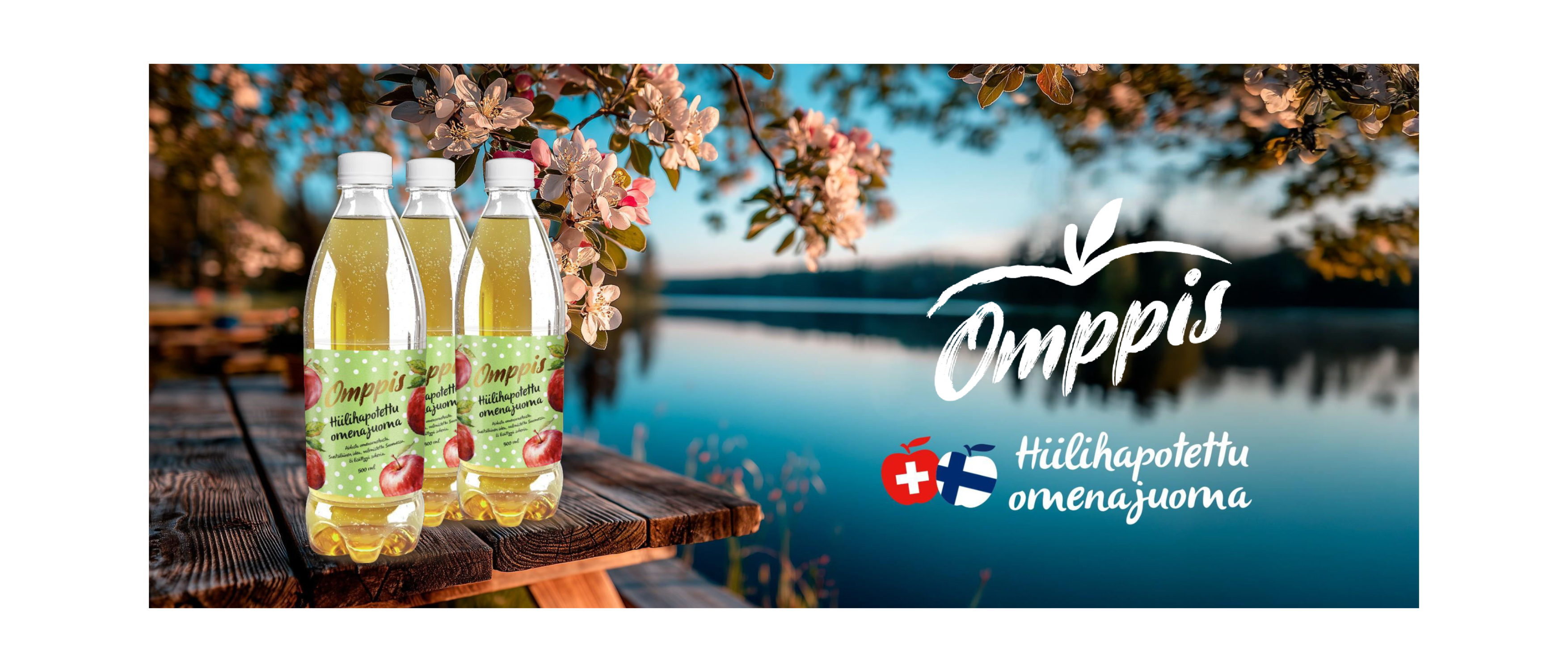 Three bottles of Omppis juice on a wooden table with cherry blossoms and a lake in the background.